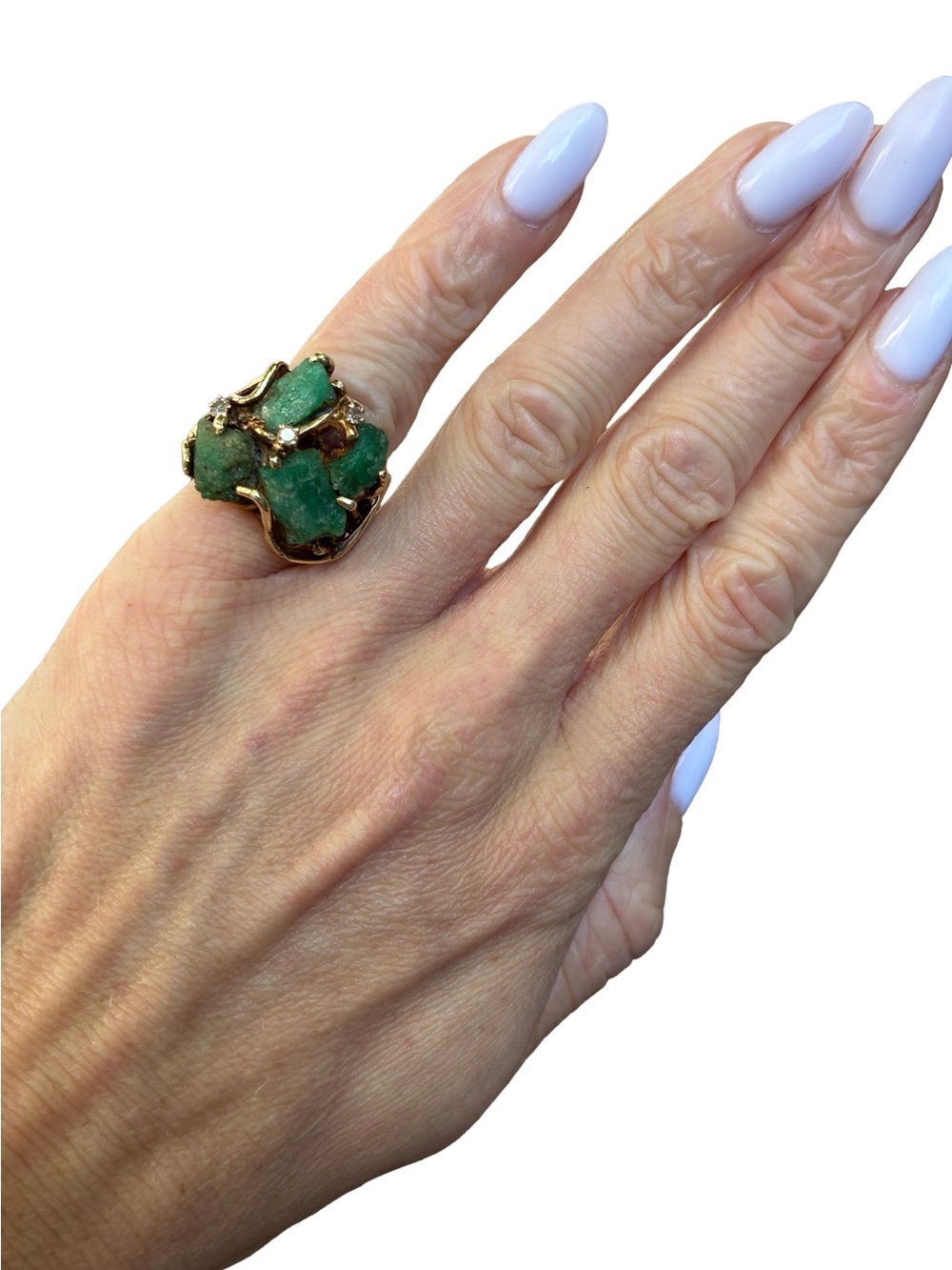 Vintage 1960s–70s Brutalist Raw Emerald & Diamond Sculptural Gold Ring – Size 6